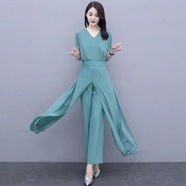 

women's polos summer chiffon wide-leg pants suit dress 2021 fashion temperament two-piece, White