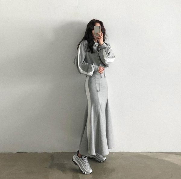 

two piece dress joyinparty women set hooded long sleeve sweatshirts high waist fish tail skirt 2pcs fashion, White