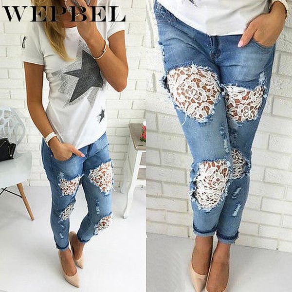 

wepbel spring and autumn fashion high waist slim pencil denim trousers women's lace stitching jeans, Blue