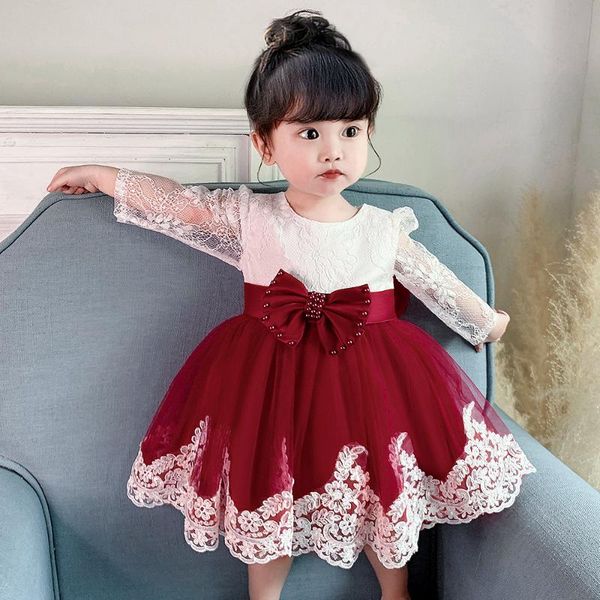 

kids dress lace baby girl full sleeve princess formal costume party clothes for girls fashion toddler birthday baptism dress, Red;yellow