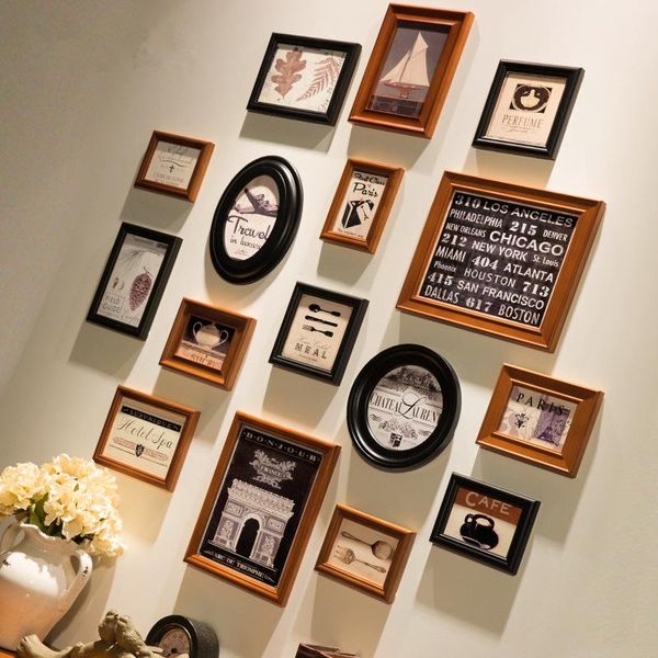 

frames and mouldings 16 pcs/set wall hanging po set american style picture combination brown&black frame for home decor
