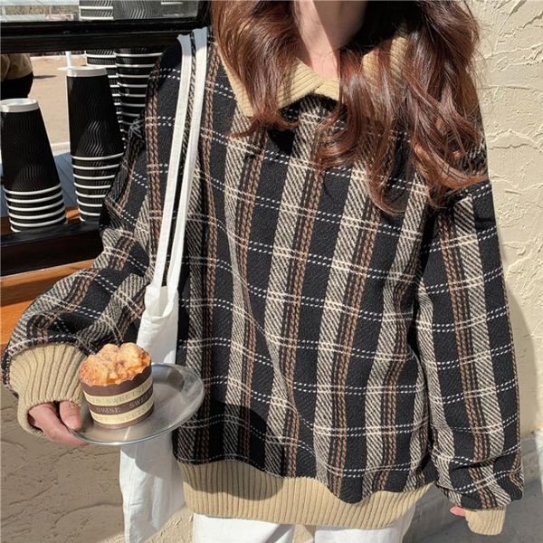

women's hoodies & sweatshirts plaid sweatshirt women vintage pullover oversized turndown collar warm winter coat long sleeve sudaderas, Black