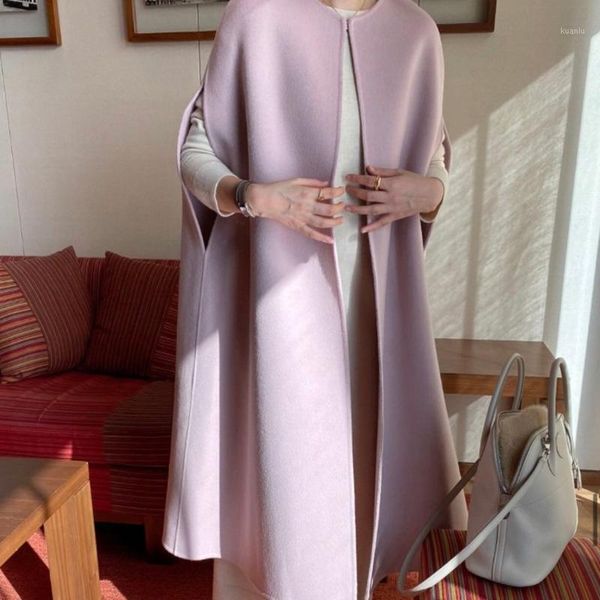 

[ewq] 2021 spring female fashion over knee style shawl round neck loose sleeveless minimalist woolen overcoat 8d320 women's jackets, Black;brown