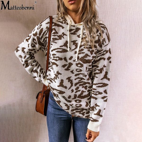 

2021 new autumn winter fashion drawstring knitted hooded sweaters female long sleeve leopard casual jumper women knit pullover wkhc, White;black