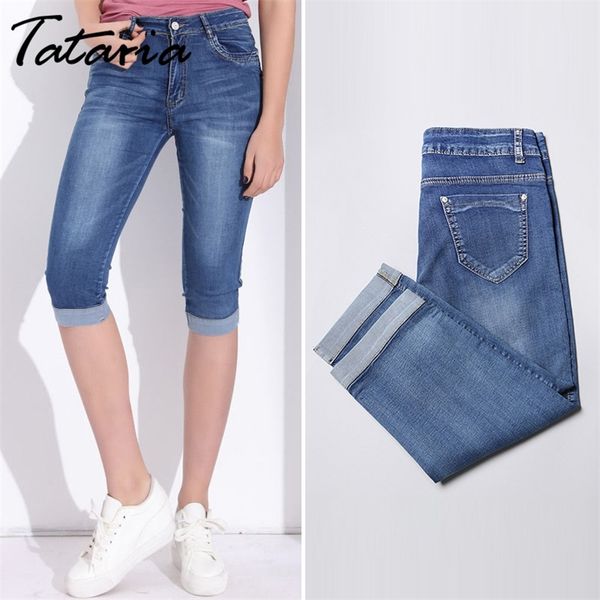 

tataria plus size stretch s jeans women knee length denim women's skinny with a high waist female summer 210708, Blue