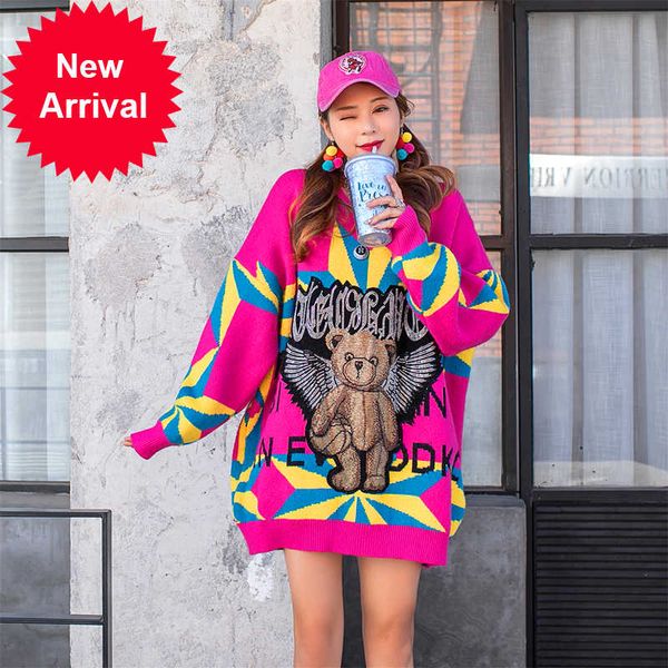 

ladies knitted thailand tide brand autumn and winter thickening diamond cartoon sweater women loose outer wear top, White;black