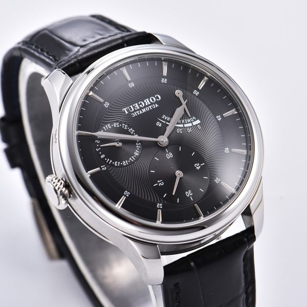 

corgeut 40mm watch power reserve black dial mens seagull automatic mechanical wristwatches date waterproof stainless steel, Slivery;brown