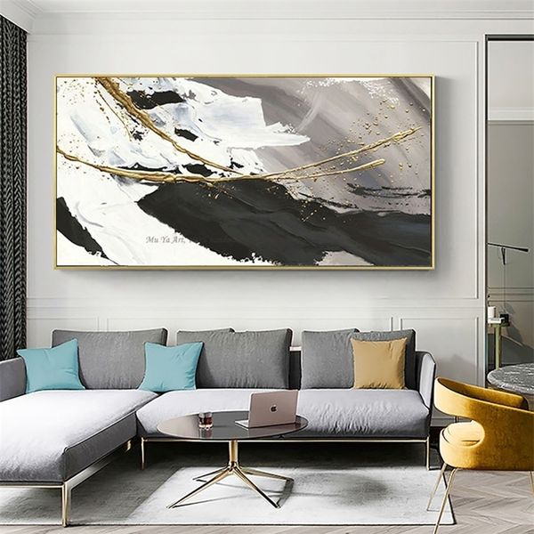 Mão pintada pintura a óleo lona abstrato preto e branco ouro moderno pinturas acrílicas grandes arte grande para a decoração da sala de estar 210310