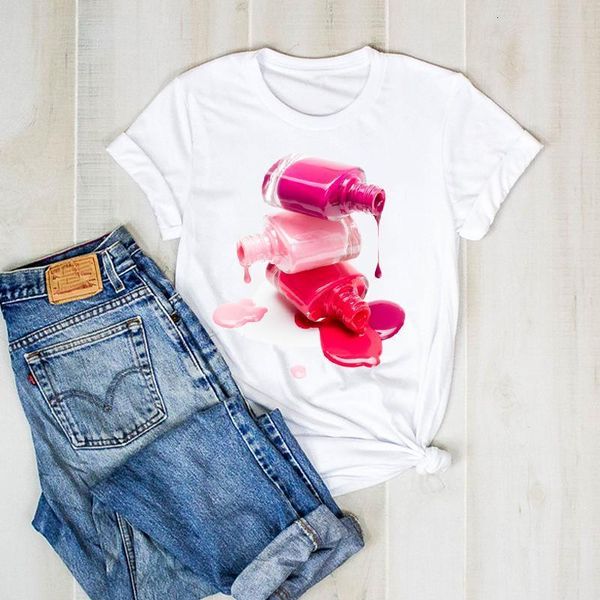 

women print 3d bottle make up beauty cute lady graphic t ladies clothes tee female tshirt womens shirt clothing t-shirt, White