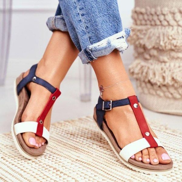

sandals summer low flat patchwork red wedge heel fish spout fashion, Black