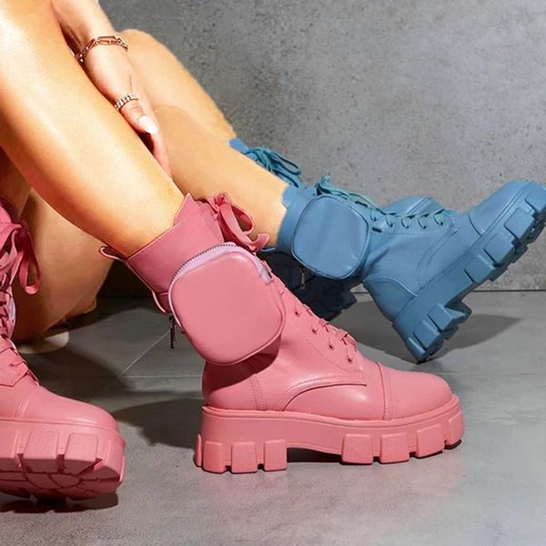 

boots women's pocket lace up ladies motorcycles female combat runway buckle strap zipper ankle boot woman platform shoes, Black