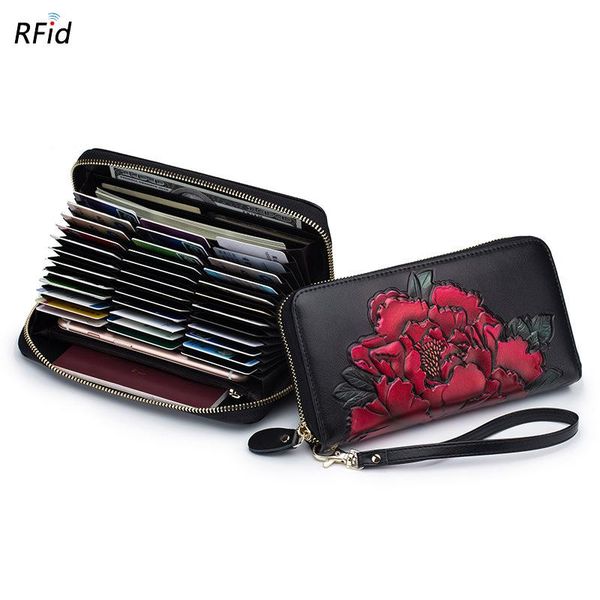 

wallets woman leather long wallet female multi-card business credit id card holder multifunction rfid anti-theft clutch money bag purse, Red;black