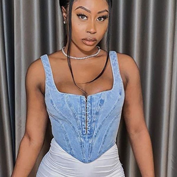 

2021 spring new solid blue arrivals with no sleeves u-neck seam denim vest 4c69, White