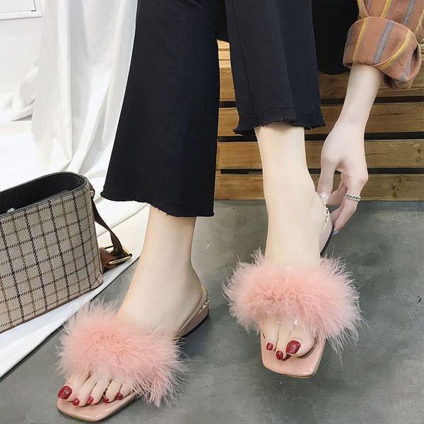 

fur slippers ladies sandals fashion square toe mid heels pu woman slides shopping outdoor summer shoes female footwear plus size, Black