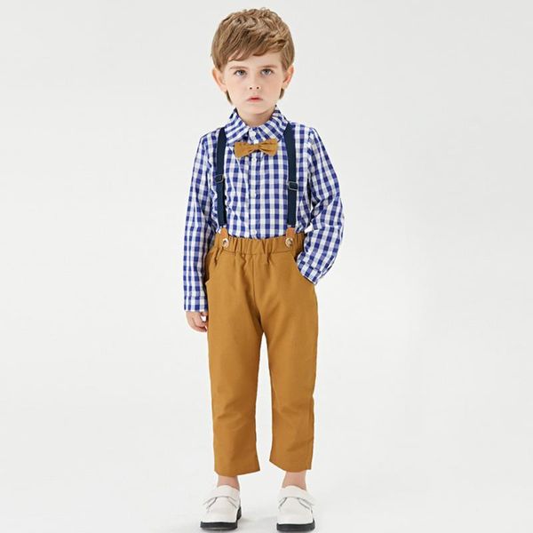 

clothing sets plaid print baby boys outfits toddler kids gentleman bow tie t-shirt +suspender pants clothes set roupas infantis, White
