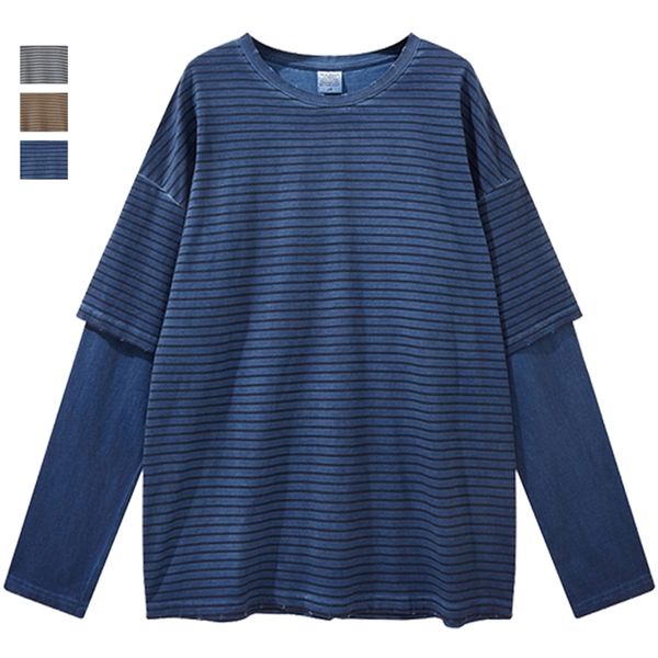 Gefälschtes zweiteiliges T-Shirt, gestreift, übergroß, grau, blau, langärmelig, koreanischer Stil, Mode, lockere Herren- und Damenbekleidung 220309