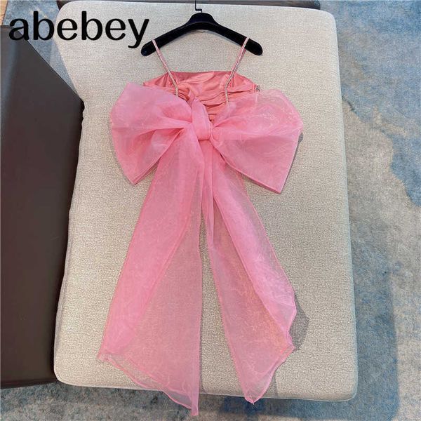 

summer fashion streetwear mesh ribbons bow patchwork diamonds spaghetti strap women night party wear 210715, White
