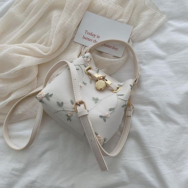 

flowers embroidery bucket crossbody bags for women 2021 luxury handbags designer sac ladies shoulder messenger bag