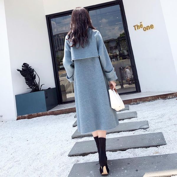 

women's wool & blends 2021 autumn winter fashion turn down collar coat elegant female solid loose long woolen outerwear l965, Black