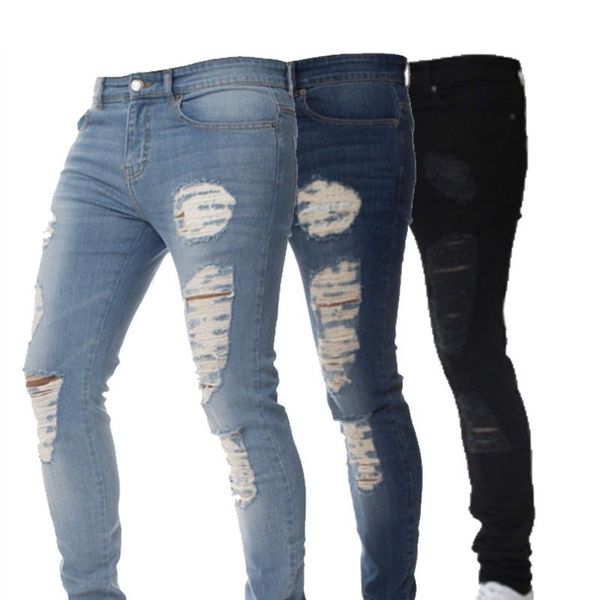 

men's jeans fashion casual personality ripped slim pants, Blue