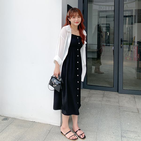 

new fashion version of the suit plum-size women summer cardigan popular chiffon shirt skirt with suspander 2375 epin, Black