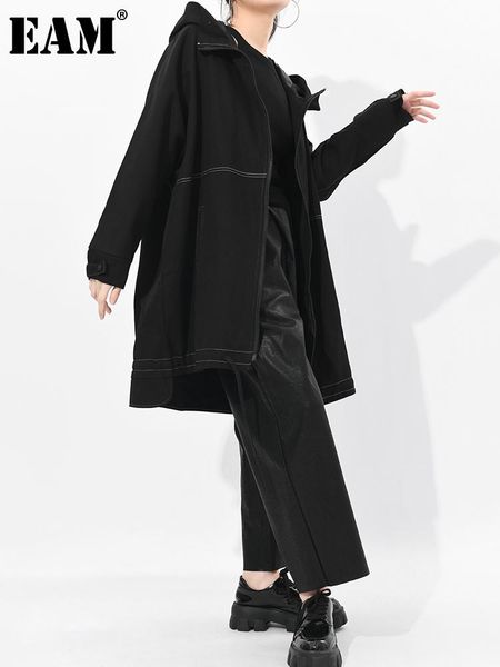 

women's jackets [eam] women drawstring line oversize long trench hooded sleeve loose fit windbreaker fashion spring autumn 2021 1a82601, Black;brown