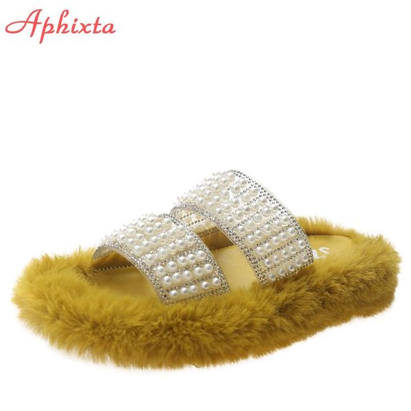 

slippers aphixta 2021 winter warm luxury peal home furry women round toe mules shoes indoor flip flop female, Black