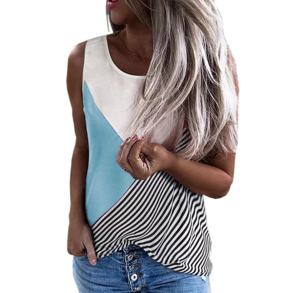 

women's t-shirt sleeveless fashion 2021 summer round neck stitching stripe printing loose top, White