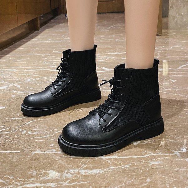 

boots fashion women's autumn shoes for women platform round toe solid color elastic band flat with pu comfortable short, Black