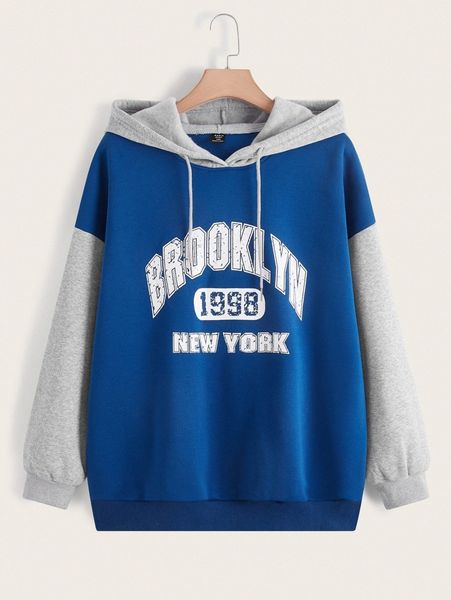 

plus letter graphic drop shoulder two tone drawstring hoodie 87ye#, Black