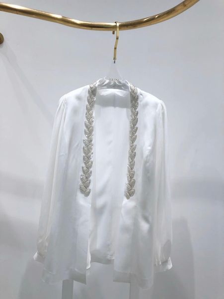 

2021 new ladies fashion long sleeve beaded neckline silk acetate suit 0305, White;black