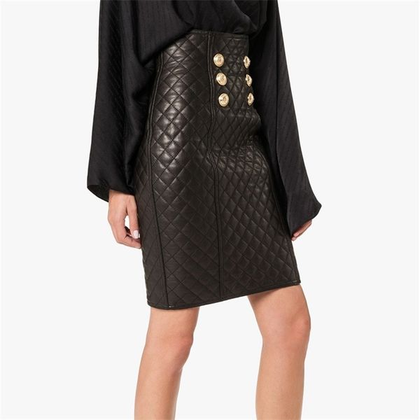 

designer skirt women's lion butttons embellished zip grid leather skirt 210311, Black