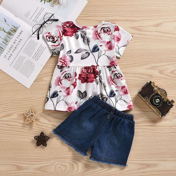 

short summer children's spring wear rose girls' suit sleeve skirt + wash jeans