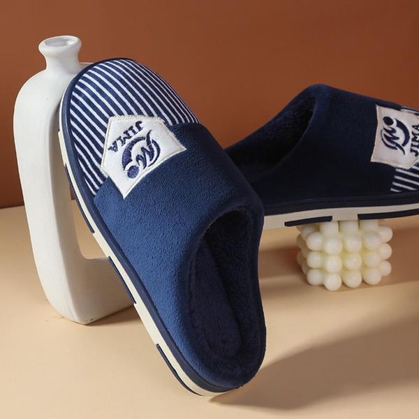 

slippers 2021 winter striped pattern women plush slides anti-slip platform footwear couple home flip flops outdoor shoes, Black