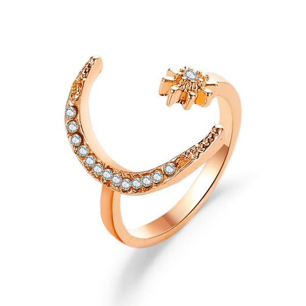 

wedding rings adjustable crystal crescent moon star ring open rose gold silver color metal rhinestone finger jewelry for women knuckle, Slivery;golden