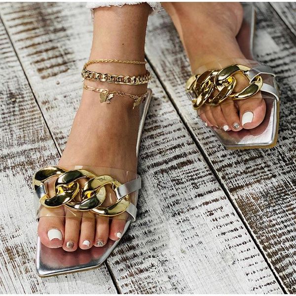 

slippers sorphio summer women shoes open toe golden luxury slip on outdoor brand 2021 ins metal chain flat, Black