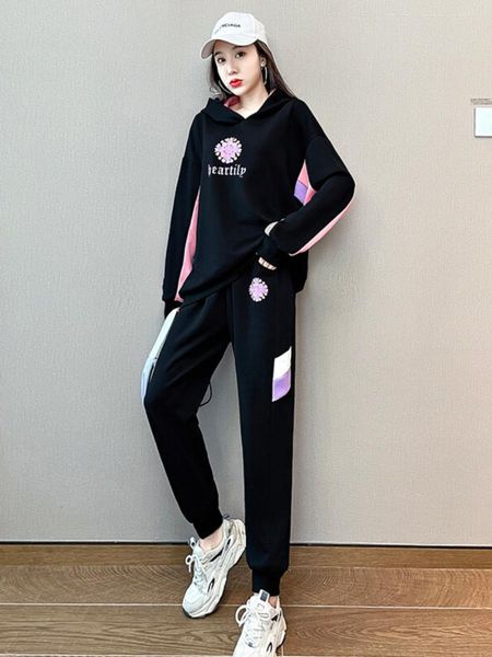 

women's two piece pants pure cotton suit fashion ladies casual tracksuit suitsports match color young style student pink hooded 2pcs, White