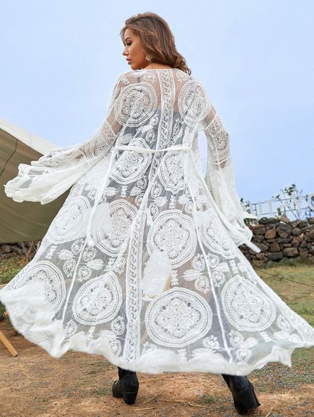 

sheer mesh flounce sleeve belted kimono 95rw#, White;black