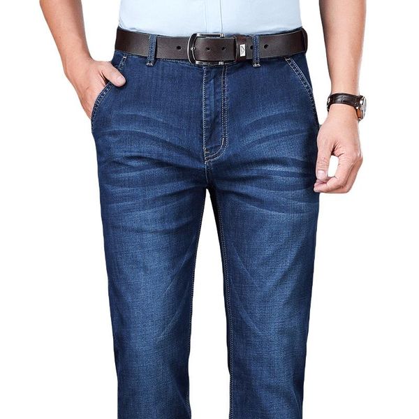 

men's jeans straight loose trousers and elastic middle-aged for business leisure in spring summer 2021, Blue