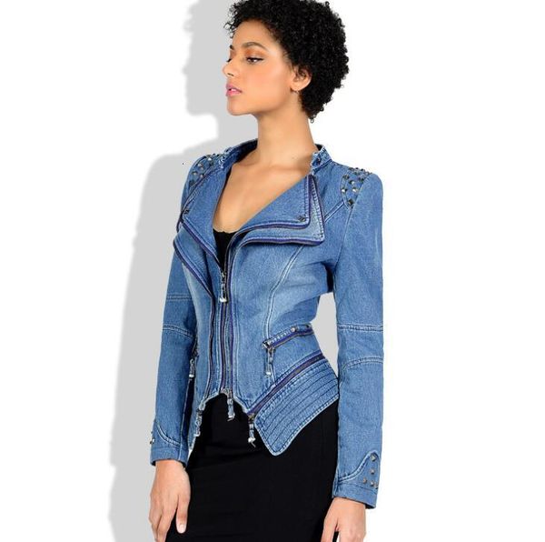 

women motorbike jacket rivet slim fit zippers rock hiphop rapper denim jackets, Black;brown
