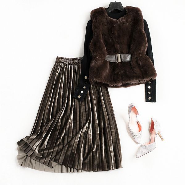 

2021 new fashion outfit women's winter black faux fur vest button sweater female gold veet skirt three pieces set outfits warm elegent