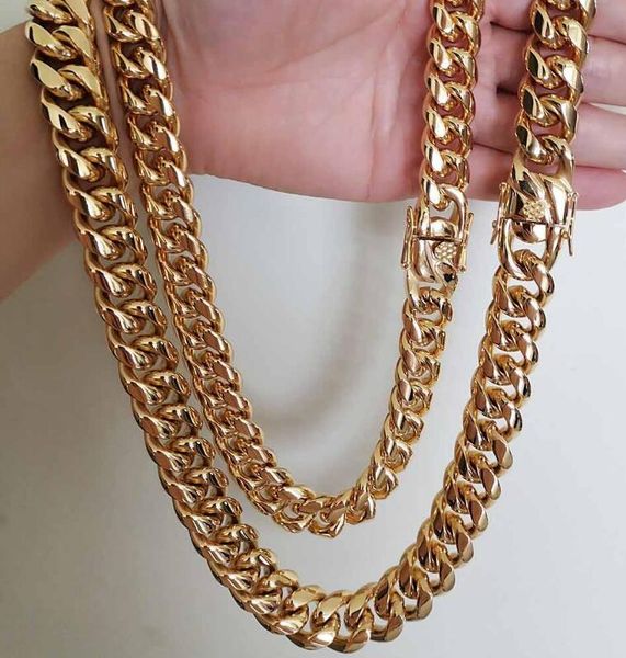 

fine 16mm 18mm men hip hop cuban chains 18k yellow gold chain link necklaces choker jewelry high polished casting double safety clasps, Silver