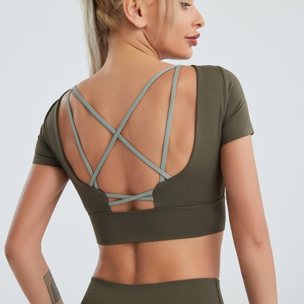 

yoga outfit cross backless short sleeve fitness t shirt women's elastic running sport tee breathable gym crop with padded