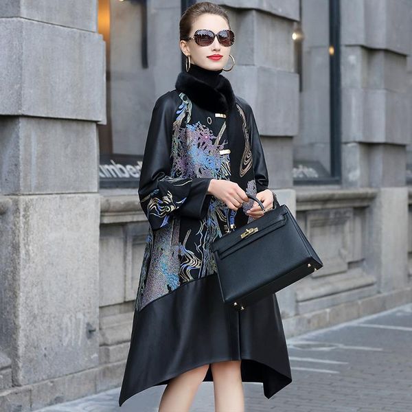 

women's leather & faux coat genuine female winter chinese style sheepskin jackets women collar woman femme veste zjt638, Black