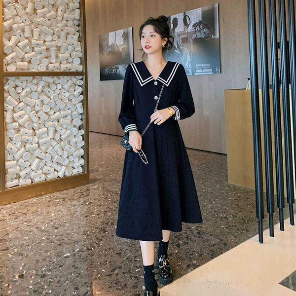 

casual dresses black maxi dress long sleeve turn-down collar preppy style girl temperament robe longue autumn women-clothing plus size xs-4x, Black;gray