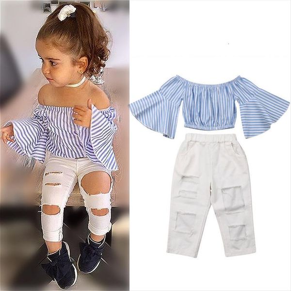 

fashion kids baby girls clothes set summer fall off shoulder flare sleeve stripe shirts ripped denim pants children outfit, White