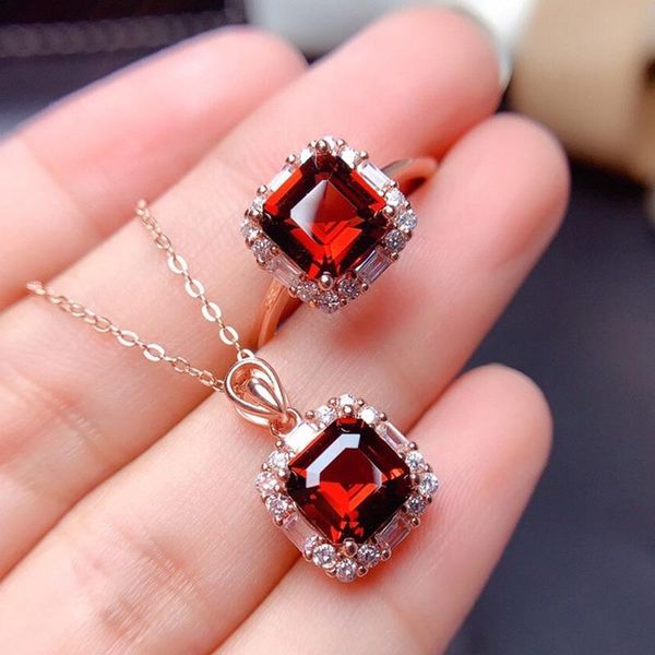 

earrings & necklace rose gold color red crystal ring cz trendy jewelry set wedding square wholesale for women girls gift drop, Silver