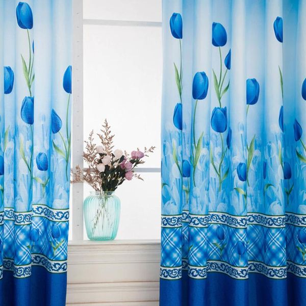 

1*2m flowers printing semi-blackout beautiful curtains grommet tulip curtains window curtain panels for home bedroom(blue)