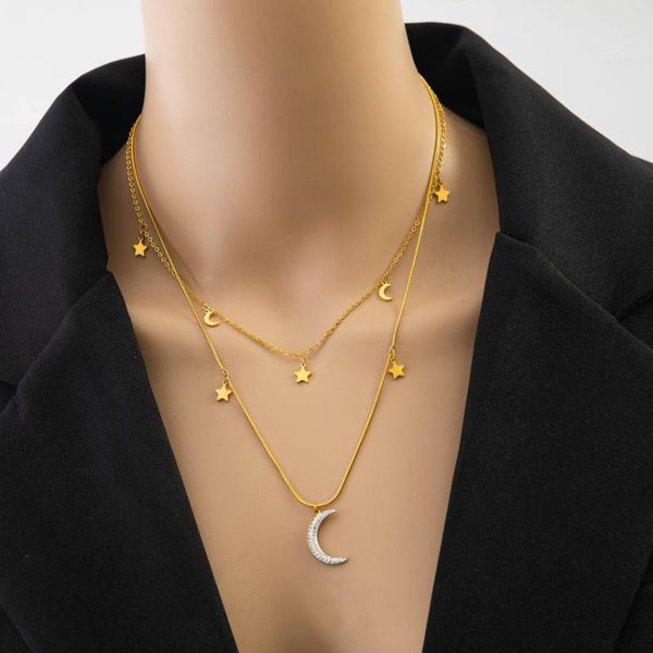 

chains 316l stainless steel 2 layer many stars moon zircon charms chain choker necklace for women fashion fine jewelry birthday gift, Silver