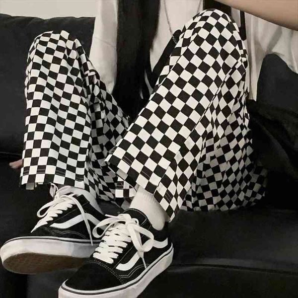 

korean fashion black white plaid pants women harajuku streetwear wide leg checked trousers for female oversized baggy